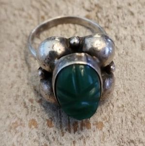 Genuine jade and taxco silver aztec design ring